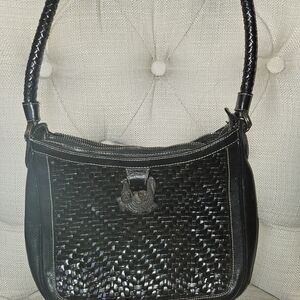 Black Woven Leather Shoulder Bag with Braided Handle